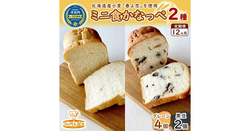 【ふるさと納税】定期便 12ヵ月 北海道 ミニ食かなっぺ 2種 セット プレーン 4個 黒豆 2個 北海道産 小麦 春よ恋 食パン パン トースト カナッペ 手作り 自家製 焼きたて ベーカリー 朝食 手軽 時短 冷凍 お取り寄せ ギフト贈答用 送料無料 木古内　定期便・木古内町