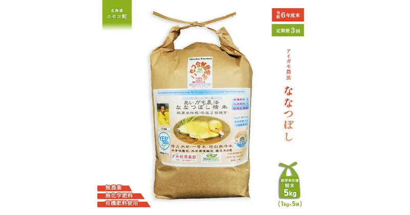 【ふるさと納税】【3回定期便】合鴨農法ななつぼし 【胚芽米仕様精米】【有機肥料/無農薬・無化学肥料・備蓄用】令和6年度米 正味5kg(1kg×5袋) 水田環境鑑定・米食味鑑定士鑑定米【Yesclean農法認定品】【31146】