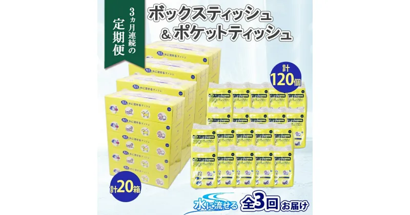 【ふるさと納税】定期便 3カ月連続3回 北海道産 とけまるくん ボックスティッシュ 20箱 ポケットティッシュ 120個 セット 水に流せる ペーパー まとめ買い 香りなし 厚手 雑貨 生活必需品 備蓄 リサイクル 箱 ボックス 送料無料　【定期便・雑貨・日用品・福祉用品】