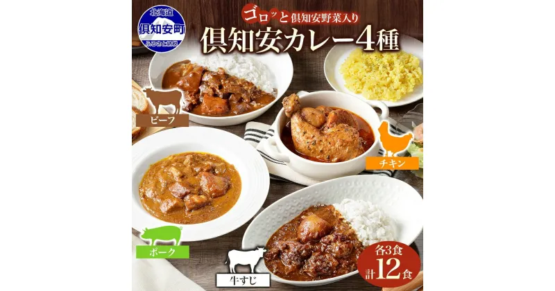 【ふるさと納税】北海道 倶知安 カレー 4種 食べ比べ 計12食 中辛 チキンレッグカレー ビーフカレー ポークカレー 牛すじカレー カレーライス レトルト スープカレー ビーフ 牛肉 ポーク 豚肉 チキン 鶏 牛すじ チキンレッグ グルメ お取り寄せ ギフト 送料無料 倶知安町