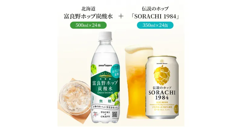 【ふるさと納税】炭酸水 500ml × 24本 北海道富良野ホップ炭酸水+ビール SORACHI1984 350ml × 24缶 グリーンシャワー ポッカサッポロ 無糖 炭酸飲料 伝説のホップ ソラチエース ソラチ 1984 サッポロビール 地ビール お酒 (有)リカーショップかまだ 北海道 上富良野町