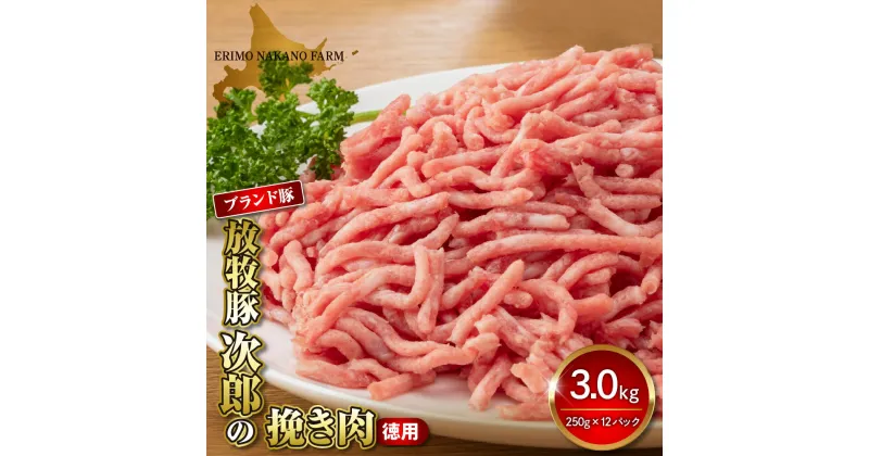 【ふるさと納税】豚肉 徳用 豚 ひき肉 3kg ( 250g × 12パック ) 北海道 えりも町 ブランド豚 放牧豚 次郎 ミンチ 挽き肉 小分け 人気 送料無料